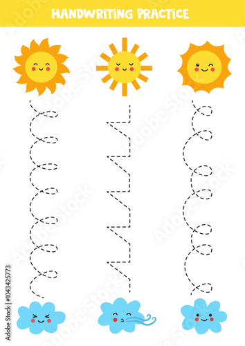 Tracing lines for kids. Cartoon cute suns and clouds. Handwriting practice.