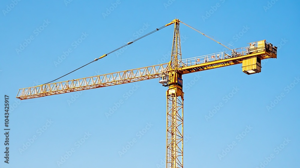 A yellow construction crane stands tall against a bright blue sky. A yellow construction crane stands tall against a bright blue sky.