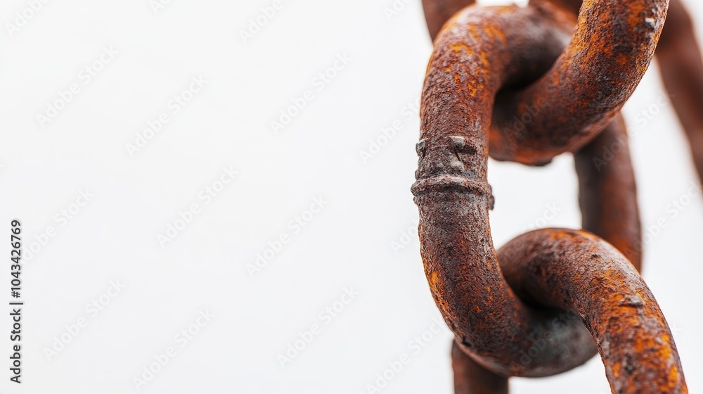 Isolated rusty chain links on a clean white background, emphasizing the contrast between decay and purity. Isolated rusty chain links on a clean white background, emphasizing the contrast between decay and purity.