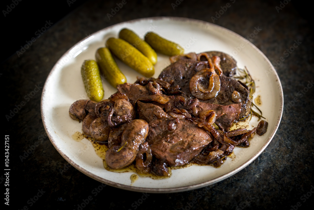ready to eat - roasted innards from a reddeer calf with onions, rosemary, thyme, salt, pepper and pickles ready to eat - roasted innards from a reddeer calf with onions, rosemary, thyme, salt, pepper and pickles