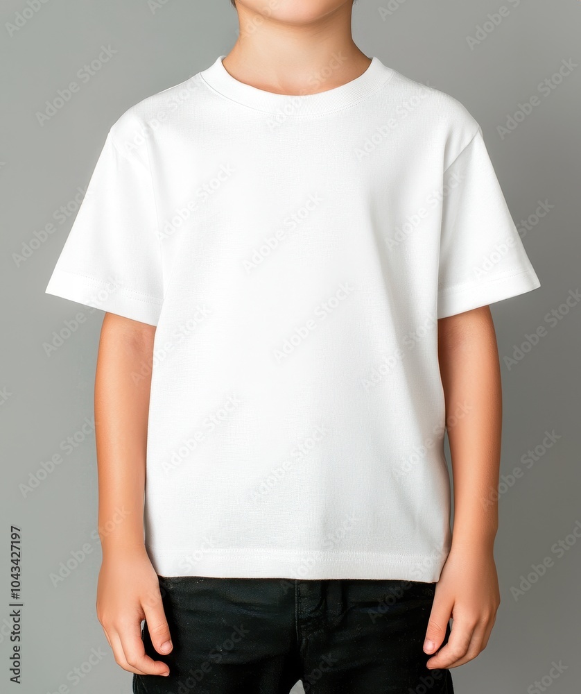 Child wearing a plain white t-shirt, hands on hips, gray background. Child wearing a plain white t-shirt, hands on hips, gray background.