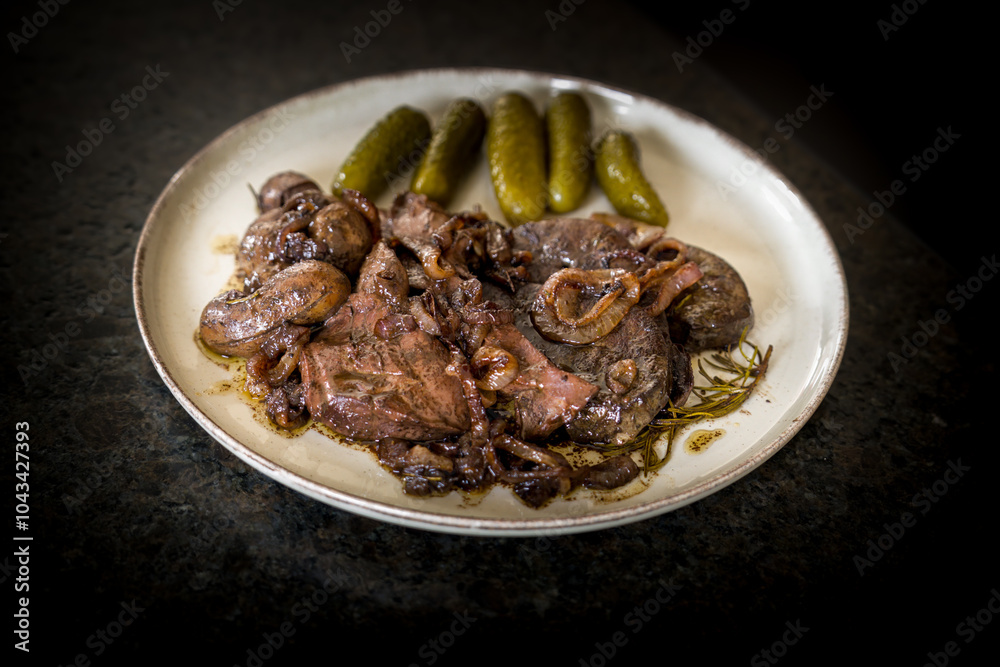 ready to eat - roasted innards from a reddeer calf with onions, rosemary, thyme, salt, pepper and pickles ready to eat - roasted innards from a reddeer calf with onions, rosemary, thyme, salt, pepper and pickles