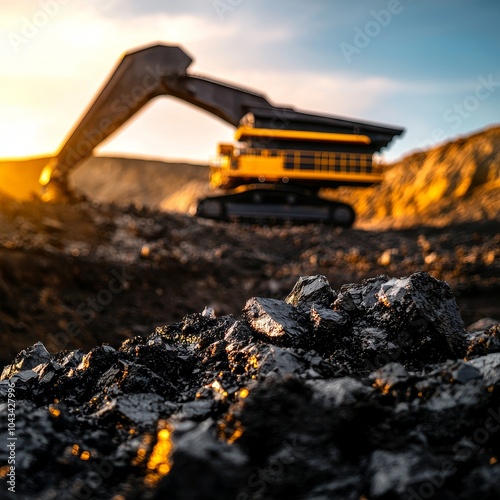Wallpaper Mural A heavy excavator works in a mining site at sunset, with gleaming coal piles making up the foreground, showcasing industrial activity and natural elements. Torontodigital.ca