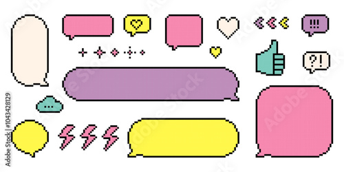 Pixel dialogue box. Empty speech bubbles set in pixel art. Y2k bright shape for chat, text message, dialog, conversation frame. 8 bit retro game style icons. Editable vector elements. Trendy stickers