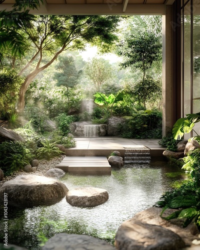 Serene garden with lush foliage, a tranquil pond, and gentle water flow. A perfect escape into nature's beauty and calmness.