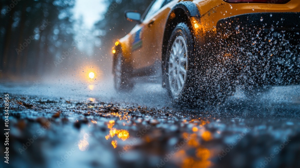 An orange vehicle drives swiftly along a wet forest road, creating splashes of water as rain pours down, capturing the essence of a stormy day in nature. An orange vehicle drives swiftly along a wet forest road, creating splashes of water as rain pours down, capturing the essence of a stormy day in nature.
