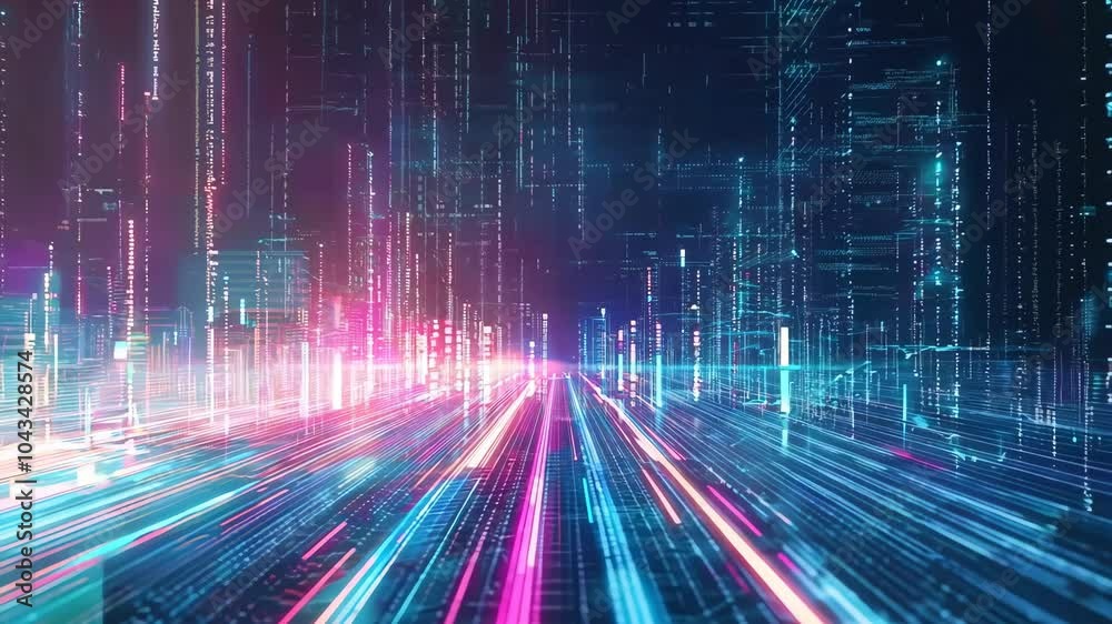 Vibrant digital light trails create a dynamic abstract background for technology, data, or futuristic themes. Vibrant digital light trails create a dynamic abstract background for technology, data, or futuristic themes.