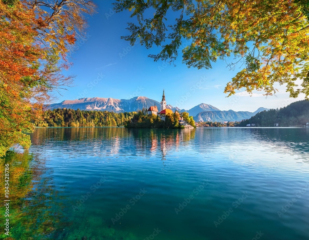 Obraz premium Bled lake island, St Martin Catholic church and Castle with mountain Range,