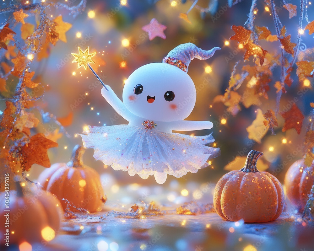 Obraz premium A Cute Ghost in a Tutu Holding a Star Wand in a Glittery Autumnal Forest