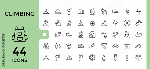 Climbing line icons collection. Containing tourism, climbing, climber, adventure, outdoors, hiking and more. Perfect for logos and infographics. Vector illustration in modern line style.