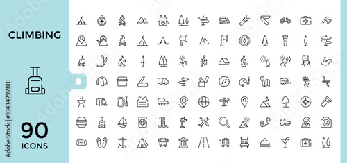 Climbing thin line icons set. Includes thin line tourism, climber, adventure, hiking, climbing, outdoors and more. Pixel perfect. Editable vector icon and illustration.