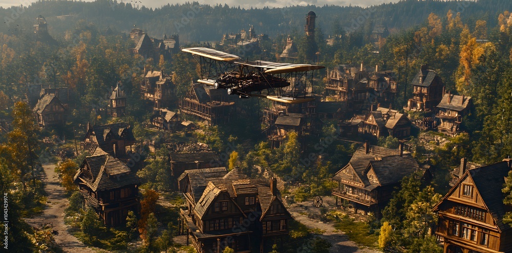 Fototapeta premium A vintage aircraft flying over a picturesque village surrounded by lush forests.
