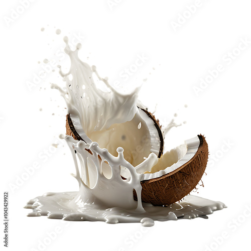 A coconut with white cream spilling out of it, Creamy coconut milk splashing in tropical on a transparent background. Ai generative photo