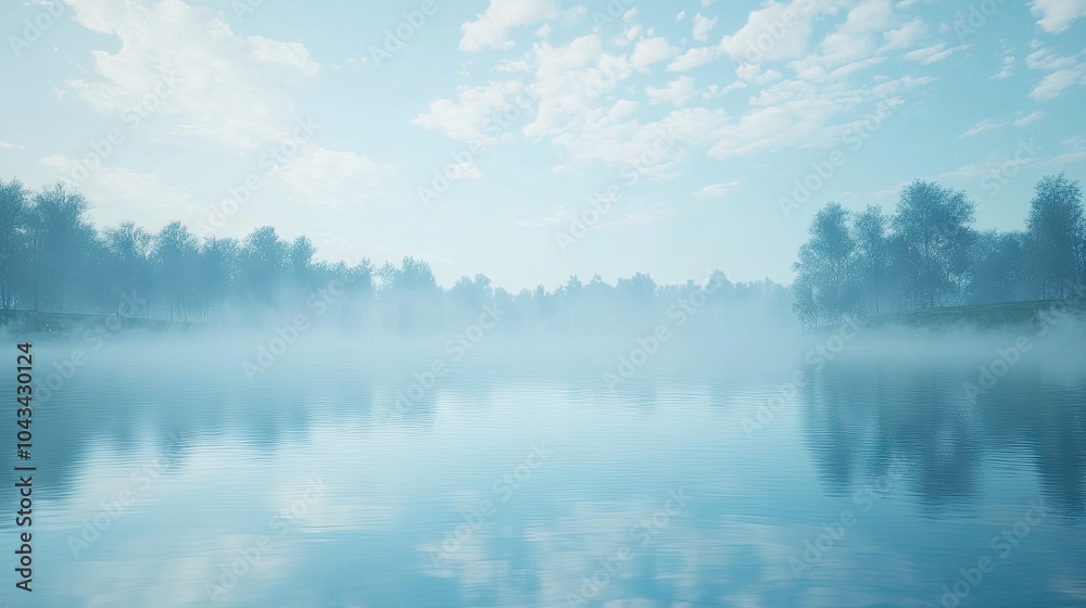 Fototapeta premium Light blue mist floating above a still lake, creating a serene and peaceful nature scene.