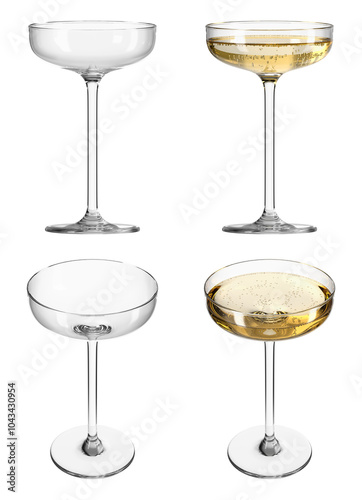 Glass coupe with champagne on transparent isolated background. Set of empty glasses and with drink in different angles. Bar theme. 3d rendering.