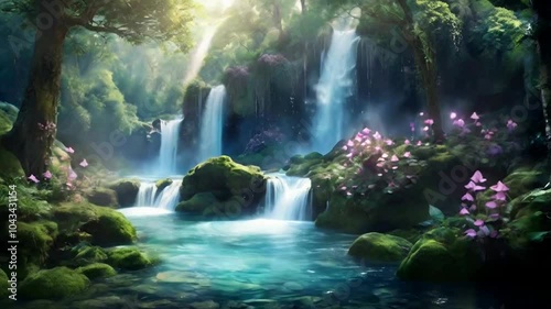 Wallpaper Mural Magical Waterfalls in a Serene Forest, Evoking a Mystical and Fantasy Fairy Tale Atmosphere. Torontodigital.ca