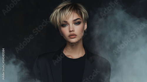 Tough short-haired female model in black t-shirt and blazer enveloped by smoky fog with a rebellious demeanor photo