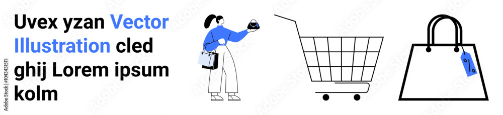 Woman holding a card, shopping cart, and handbag symbolize online shopping. Ideal for e-commerce, retail, digital marketing, payment methods, and modern lifestyle. Banner for landing page Woman holding a card, shopping cart, and handbag symbolize online shopping. Ideal for e-commerce, retail, digital marketing, payment methods, and modern lifestyle. Banner for landing page