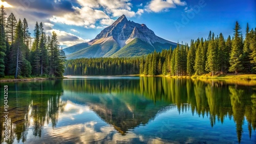 A serene lake at the foot of a tall mountain surrounded by towering pine trees, nature, scenery, water