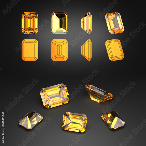 Demonstration of the emerald-cut topaz from different angles. Scheme of cutting. Scattering of gemstones. Black background. 3d rendering. photo