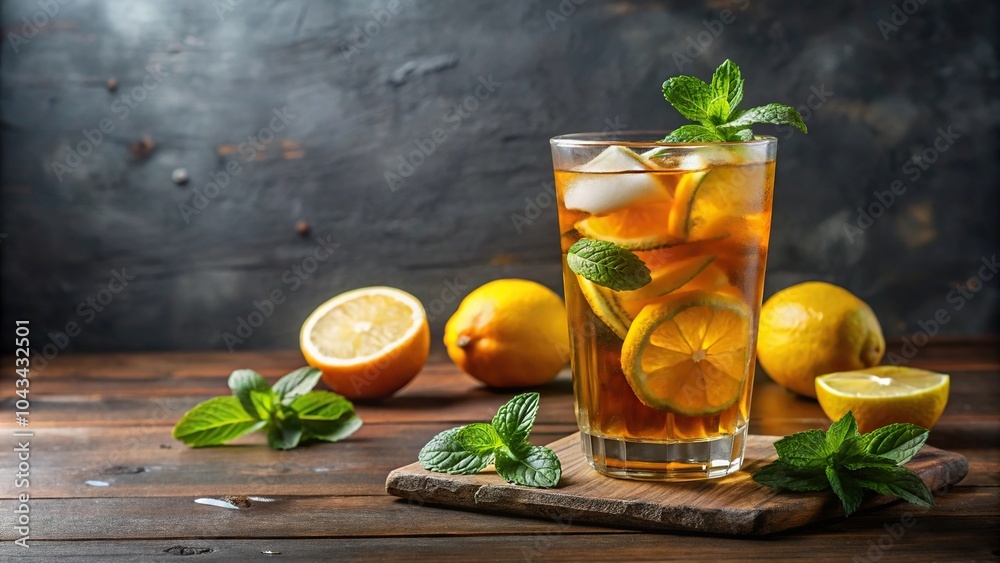 A refreshing glass of iced tea infused with mint leaves and lemon slices, iced tea, ingredients, herb A refreshing glass of iced tea infused with mint leaves and lemon slices, iced tea, ingredients, herb