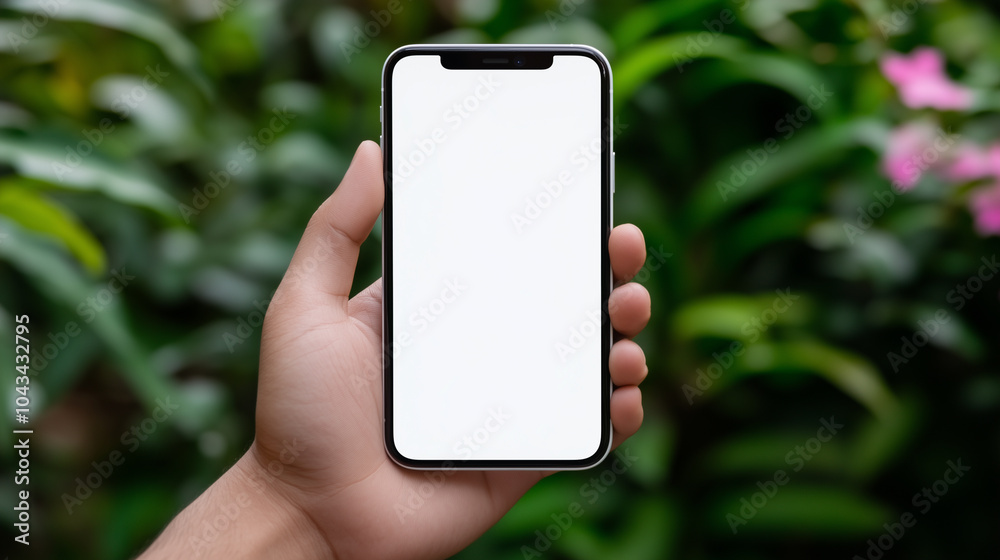 Man hand holding phone mockup with white screen at sunny outdoor garden pink flowers and greenery background Man hand holding phone mockup with white screen at sunny outdoor garden pink flowers and greenery background