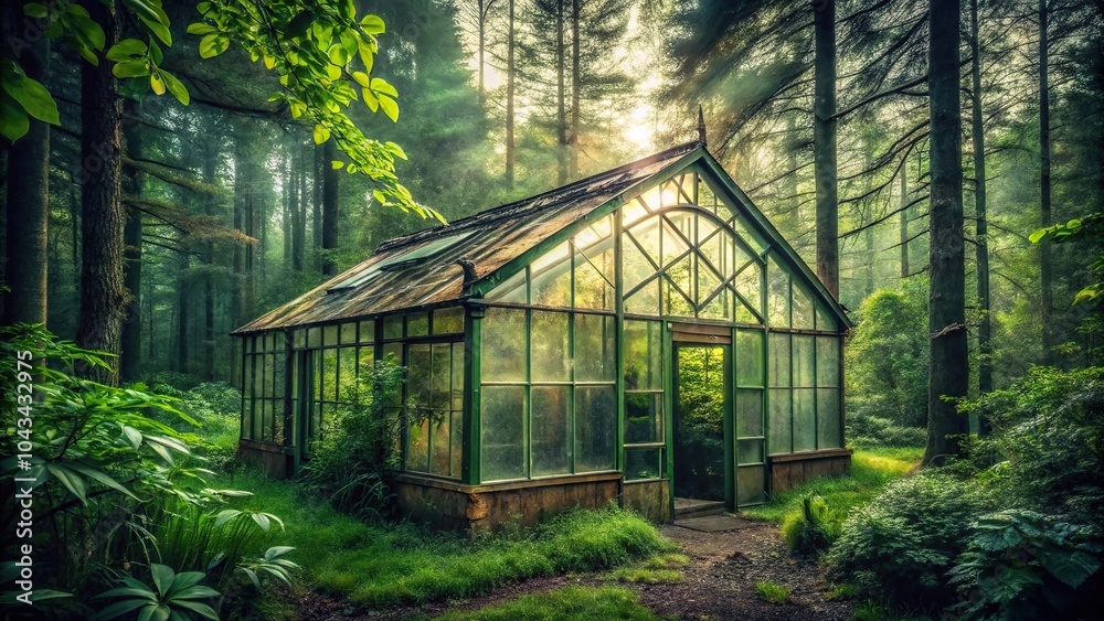 A mysterious and eerie abandoned greenhouse in the middle of a green forest, mystical, greenhouse, atmosphere A mysterious and eerie abandoned greenhouse in the middle of a green forest, mystical, greenhouse, atmosphere