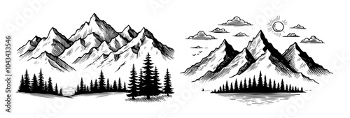 mountain mount elevation hill trees view nature decoration drawing painting vector