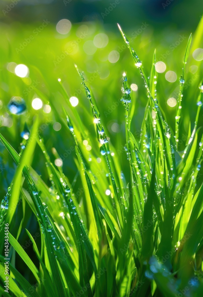 Fototapeta premium vibrant close bright green grass blades illuminated sunlight showcasing texture details, nature, growth, lush, outdoor, leaf, field, plants, meadow, flora
