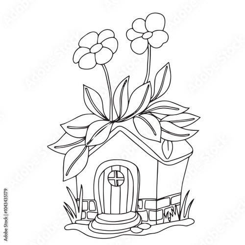 Coloring book. Cute flower house. Drawing with a fairy house in a flower garden. Drawing in doodle style.