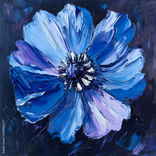 Oil painting of a blue flower, impasto painting wiht thick brush stokes. Dark background, light purple and white accents, beautiful. Vintage, bohemian style

 photo