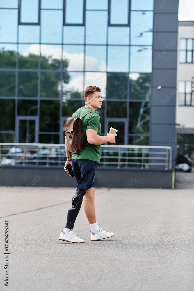 Fototapeta premium A young man with a prosthetic leg strides confidently outdoors, carrying a coffee in one hand.