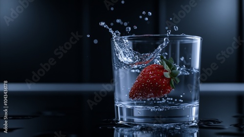 A single ripe strawberry falls into a glass of water, creating a splash and a moment of visual interest.