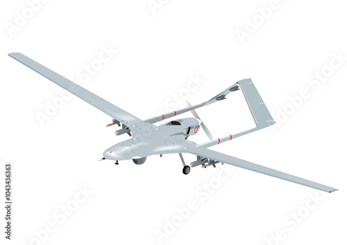 Unmanned aerial vehicle Bayraktar TB2 SIHA silhouette vector on a white background.Vector drawing of unmanned combat aerial vehicle. Side view. Image for illustration and infographics.