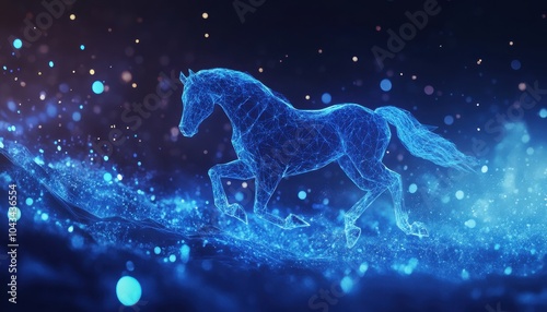 A Wireframe Horse Running Through A Field of Blue Bokeh