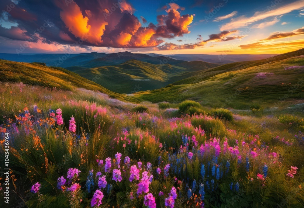 Obraz premium captivating dynamic cloud patterns above serene landscapes lush greenery tranquil sky continuum, cloudscape, nature, scenery, horizon, sunlight, outdoor