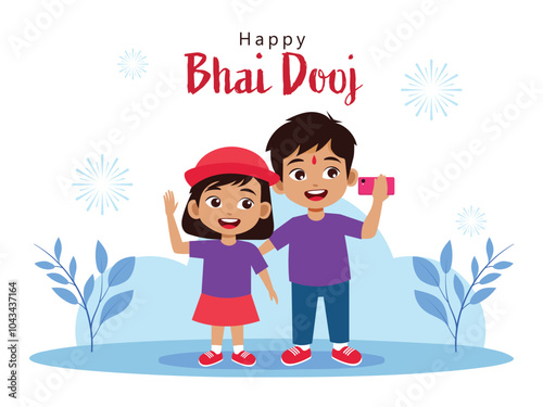 Vector Illustration of Indian Brother and Sister Taking Selfie After Celebrating Bhai Dooj Festival, Can Be Used for Greeting Card.