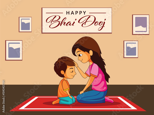 Indian Sister Applying Tilak on Her Brother's Forehead During Happy Bhai Dooj Festival, Used for Greeting Card.
