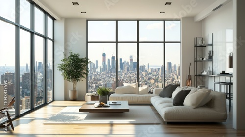 A spacious modern loft features large industrial-style windows, minimalist furniture, and plants, offering a bright and open space with a city skyline view.
