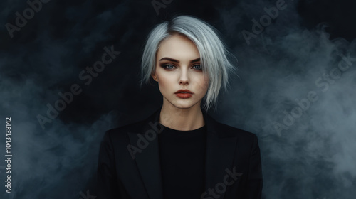 Short-haired female model in black t-shirt and blazer surrounded by dark fog exuding a bad boy aura