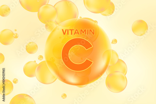 Vitamin C glowing 3D molecule element or bubble, watercolor gradient background. Rich fluid orange, lemon color flowing bubbles, supplement skin products banner, presentation, infographic design
