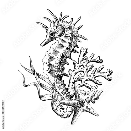 Seahorse with corals, seaweed and starfish. Hand drawn graphic illustration in black and white color line art. Sublimation arrangement on a marine theme