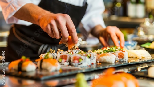 Sushi chef meticulously preparing a vibrant assortment of sushi rolls