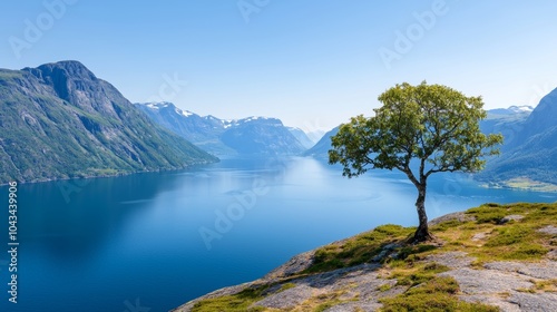 Lone Tree Overlooking Fjord Mountains Norway Scenery