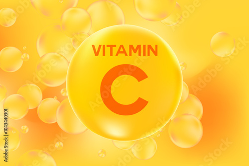 Vitamin C glowing 3D molecule element or bubble, watercolor gradient background. Rich fluid orange, lemon color flowing bubbles, supplement skin products banner, presentation, infographic design
