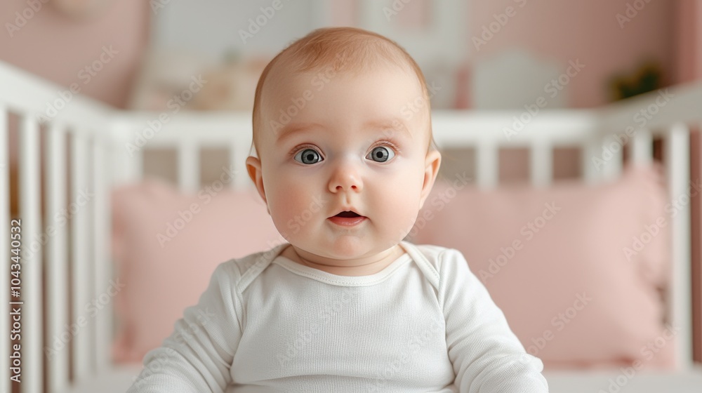 Cute Baby Girl Looking Up With Big Eyes In Crib Cute Baby Girl Looking Up With Big Eyes In Crib