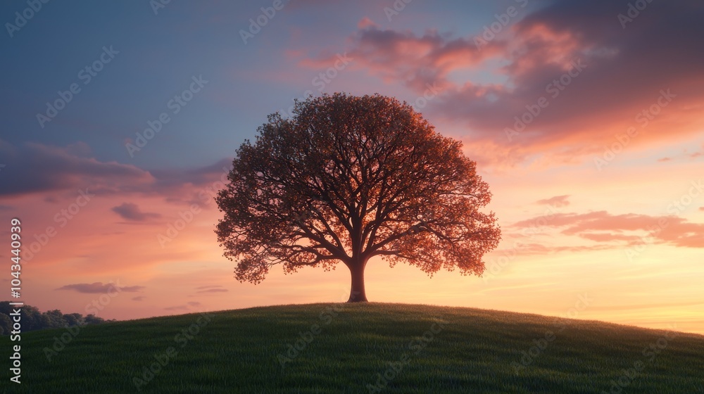 Fototapeta premium Silhouetted Tree on Hilltop at Sunset