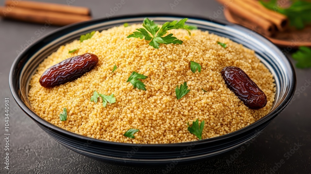 Colorful bowl of couscous with spices and dates, garnished with fresh herbs. Colorful bowl of couscous with spices and dates, garnished with fresh herbs.