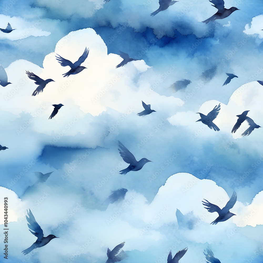 Fototapeta premium Watercolor seamless pattern of sky with flying birds and floating clouds.