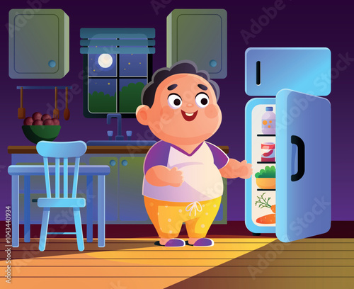 Happy Child in the Kitchen Opening Fridge at Nigh